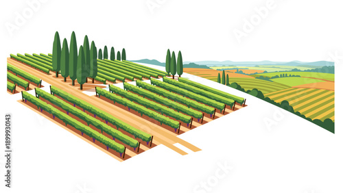 Scenic orchard landscape with rows of lush trees and rolling hills in vibrant colors