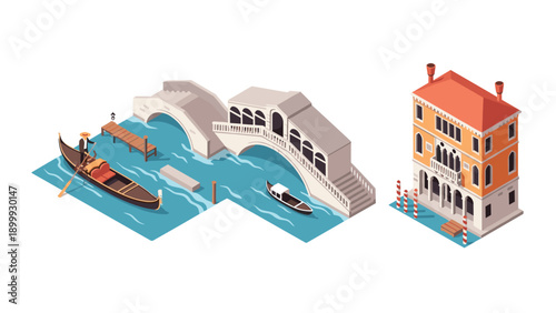 Isometric venice scene with gondola and historic architecture