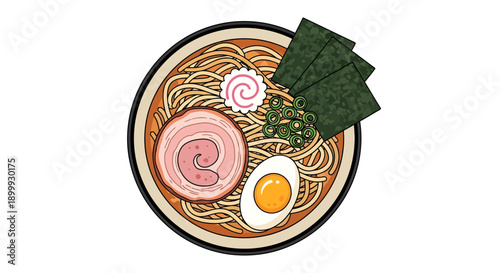 Delicious bowl of steaming hot ramen noodle soup with toppings