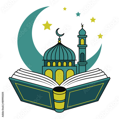 Detailed vector illustration of holy book open with mosque dome minaret and crescent moon surrounded by stars against large moon background