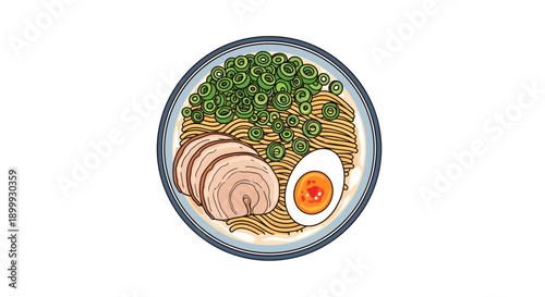Delicious illustration of a warm bowl of Japanese ramen noodles with pork, egg, and green onions