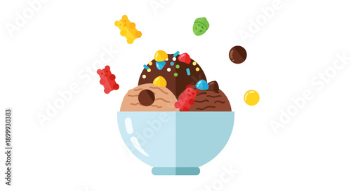 Delicious ice cream sundae illustration with multiple scoops, colorful sprinkles, gummy bears,