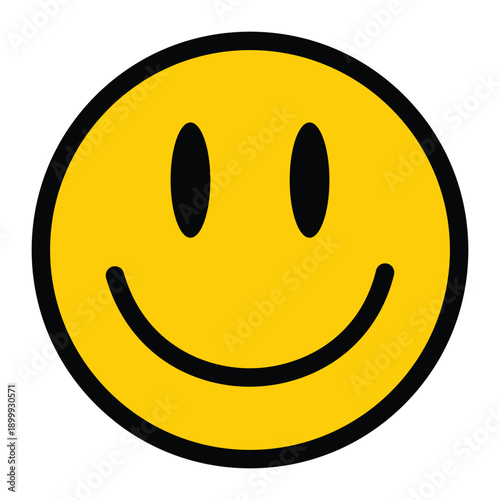 Yellow smiley face with black outline and eyes, simple and iconic emoticon symbol of happiness and joy, graphic illustration on white background.