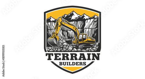 Excavator Working on Construction Site with Mountains.