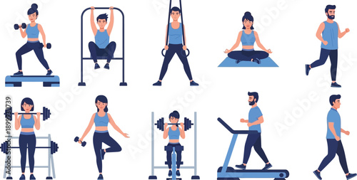 People exercising with various fitness equipment and activities