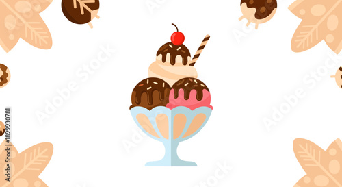 Sweet ice cream sundae flat vector illustration with chocolate and strawberry scoops, whipped cream