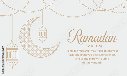Ramadan Kareem greeting card with crescent moon and lanterns