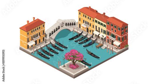 Charming isometric venice canal with gondolas and colorful buildings