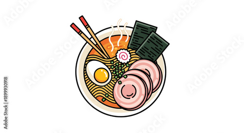 Vibrant Illustrated Bowl of Traditional Japanese Ramen Noodles with Chashu Pork, Soft-Boiled Egg