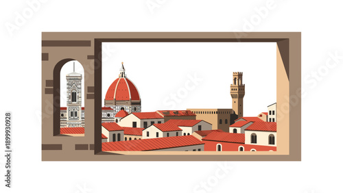 Cityscape of florence with red rooftops viewed from a stone window