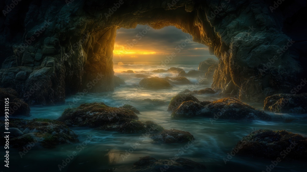 Fototapeta premium Ocean Cave Sunrise: Coastal Serenity and Dramatic Light at Rock Arch