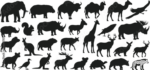 Wildlife animal silhouette collection featuring elephant giraffe camel deer buffalo rhino kangaroo bird and mammal black vector set isolated background