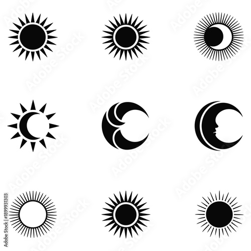 Set of black celestial symbols including moon phases sun rays and mystical ornaments on transparent background for astrology magic and astronomical designs used