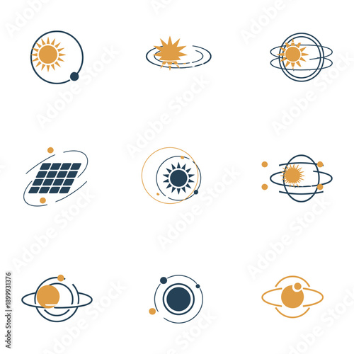 Set of nine flat design icons representing solar system planets orbits and space technology concepts in blue and orange colors