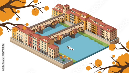 Isometric autumn scene of historic bridges and buildings with orange foliage