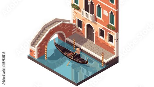 Isometric canal scene with gondola and venetian architecture