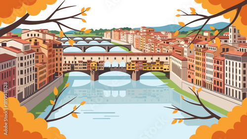 Charming autumn cityscape with river and bridges in flat design