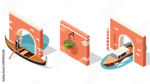 Isometric venice scenes: gondola and boat passage through brick archways