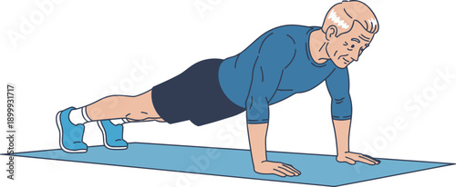 Senior man doing push-ups on yoga mat in home workout