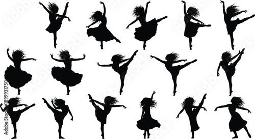 Female dancer silhouette collection featuring expressive ballet and contemporary dance poses vector set isolated on white background for designers