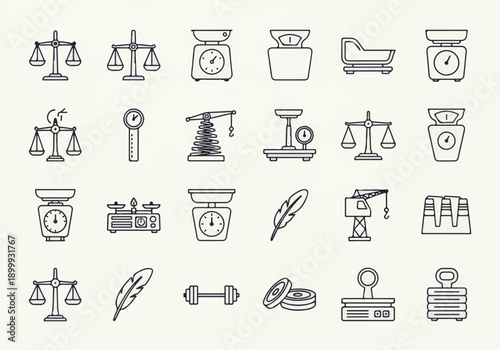 Collection of weighing scales, measurement, and balance line icons