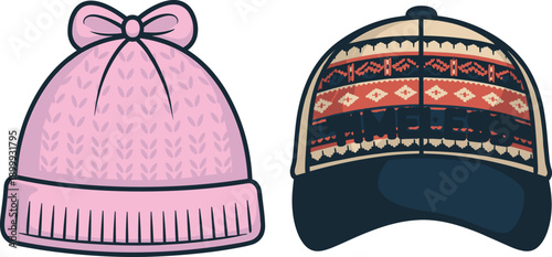 Pink knitted beanie, bow detail, ribbed texture, plaid baseball cap, structured brim, timeless text, fashion contrast, cozy style, casual headwear