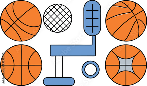 A collection of six circular graphics, including basketballs, abstract designs, and a stylized representation of a trophy. isolated on transparent background, Vector, illustration