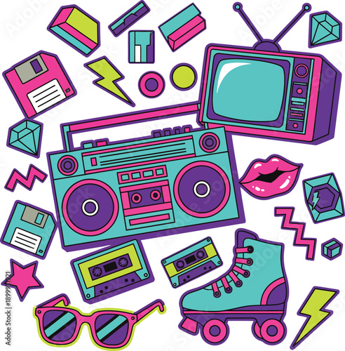 Retro 80s Pop Culture Icons Set, Neon Music, Fashion and Vintage Objects Vector