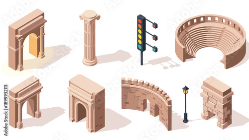 Isometric ancient architecture elements and modern traffic light