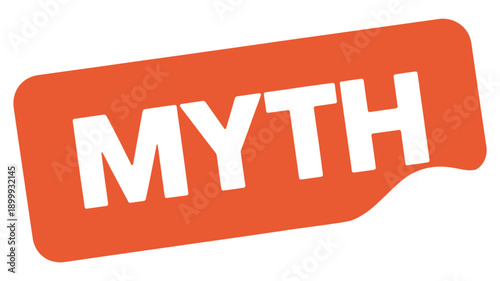 Bold red speech bubble displays the word myth in large white letters