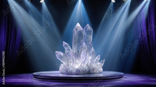 Large, glistening crystal cluster showcased on a circular platform with stage lighting