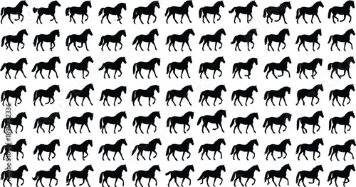 Horse silhouette vector set of running and walking horses, black animal motion poses collection isolated on white background for animation design