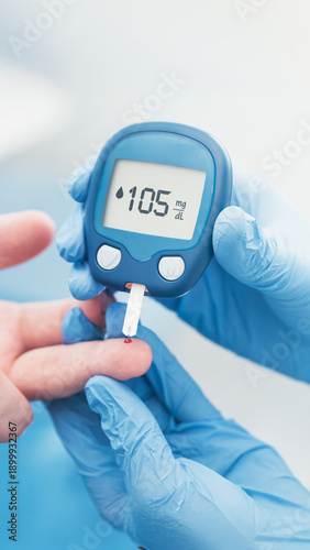 Hand using a glucose meter to measure blood sugar level.