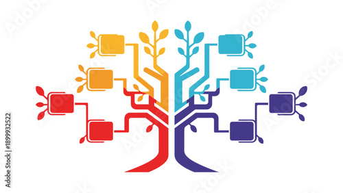 Colorful Abstract Tree Network Diagram. Organizational Structure, Data Flow Chart, Growth, Technology, and Diversity Concept Vector Illustration.