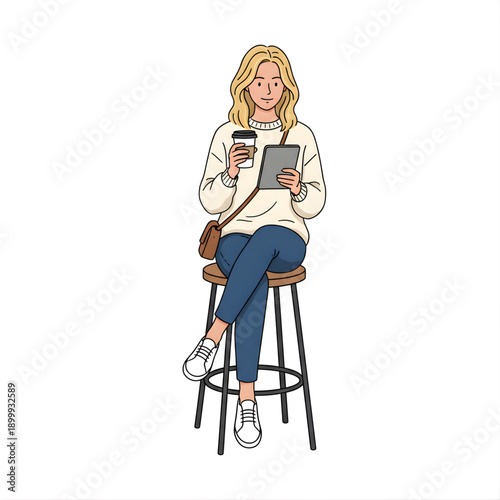 Blonde woman sitting at café stool holding takeaway coffee and tablet, crossed legs, modern casual outfit