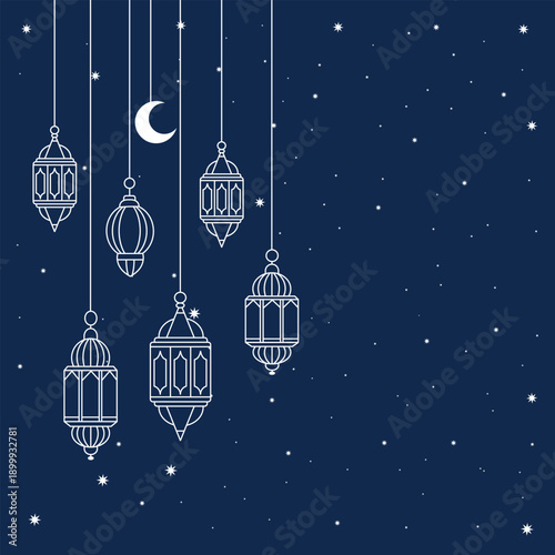 ramadan lanterns hanging on night sky with stars and crescent moon