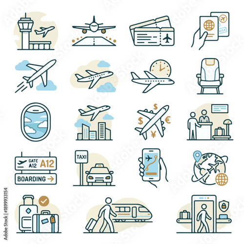 Air Travel and Airport Services Vector Line Icons Collection