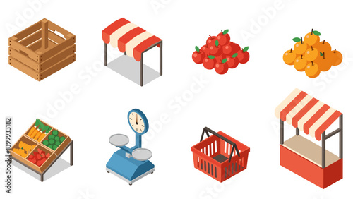 Isometric farmers market elements with stalls, produce, and weighing scale for design projects