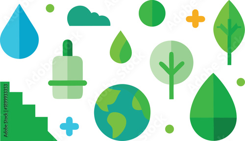 A collection of flat design icons representing nature, environment, and sustainability concepts. isolated on transparent background, Vector, illustration