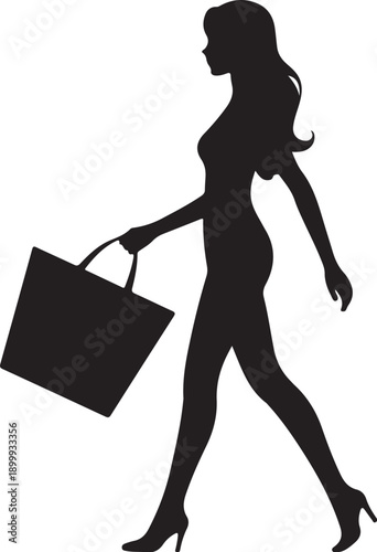 Black silhouette of a woman walking with shopping bag