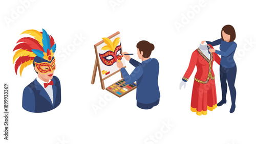 Creative art process: designing colorful masks and costumes in isometric style