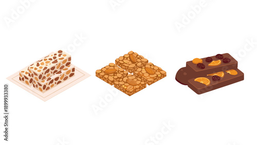 Assorted confectionery trio: nougat, nutty bars, and chocolate fruit slices in isometric style