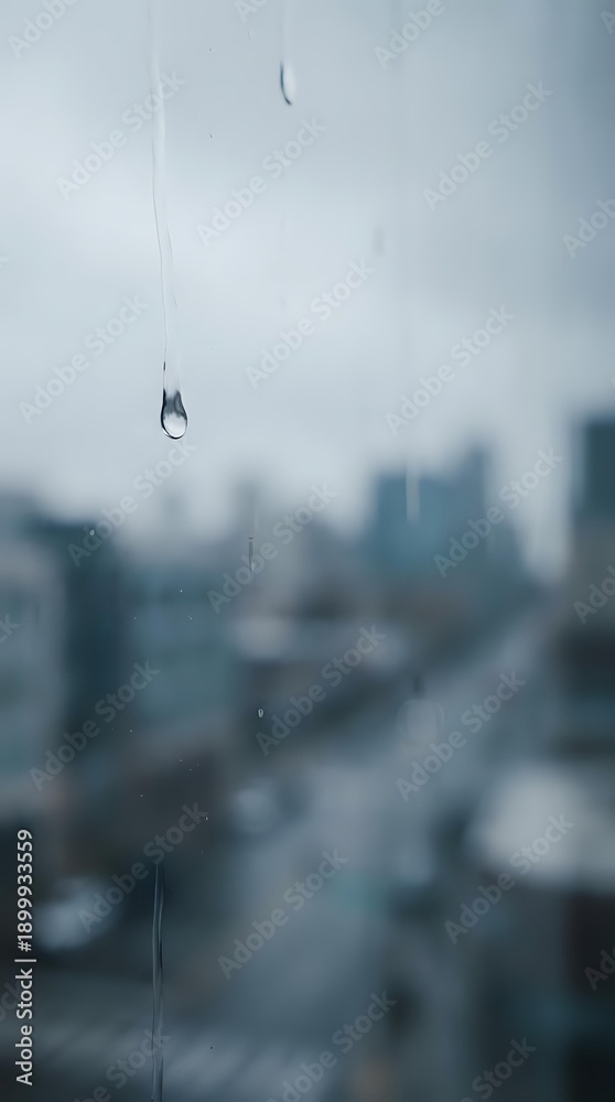 Obraz premium Raindrops on glass window with blurred urban cityscape background during stormy weather creating moody atmospheric scene for seasonal concepts.