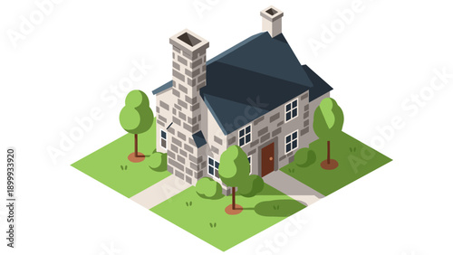 Charming isometric cottage with chimney and lush garden on a sunny plot