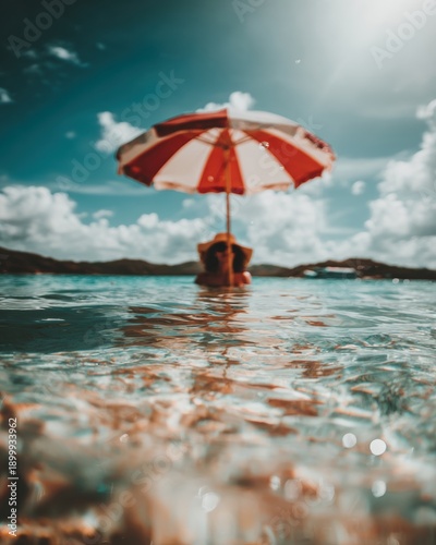 Wallpaper Mural Woman Relax in Turquoise Water Under Red Striped Umbrella on Sunny Day Torontodigital.ca