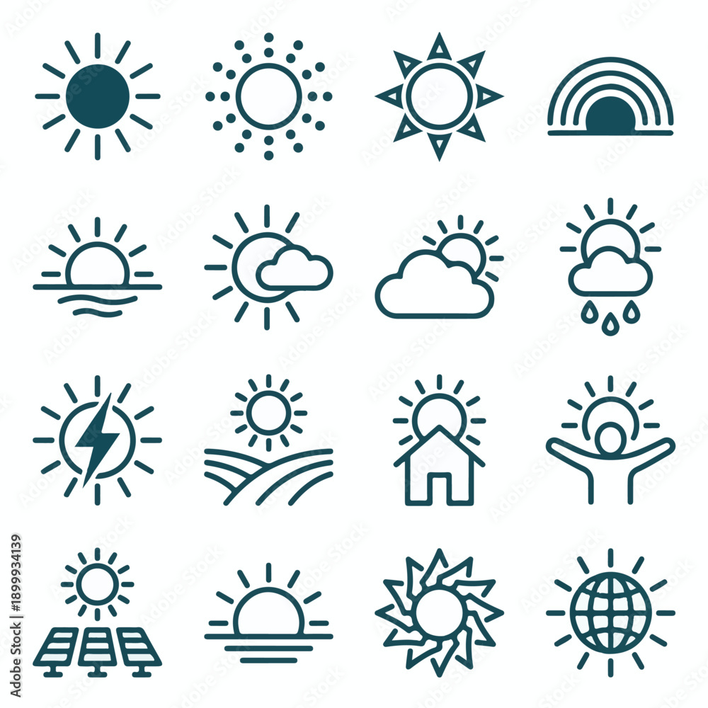 Fototapeta premium Sun, Weather, and Solar Energy Line Icons Collection