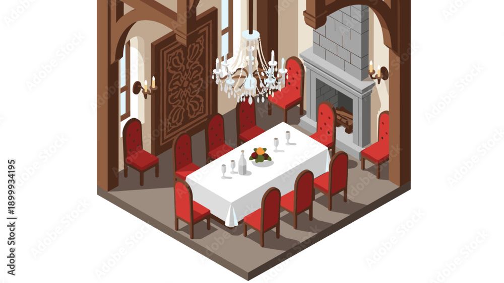 Fototapeta premium Elegant dining room with chandelier and fireplace in isometric style