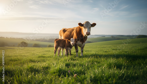 A cow and calf standing in a sunlit green pasture