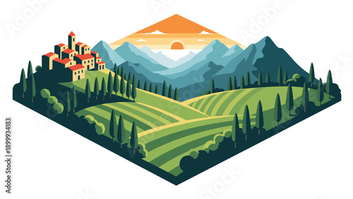 Idyllic countryside landscape with hills and mountains in flat design