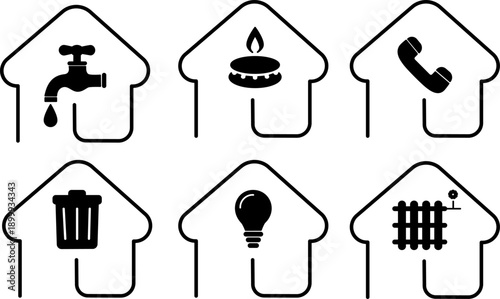 Set of household utility icons within house outlines, symbols of water, gas and electricity, essential residential maintenance and home management vector